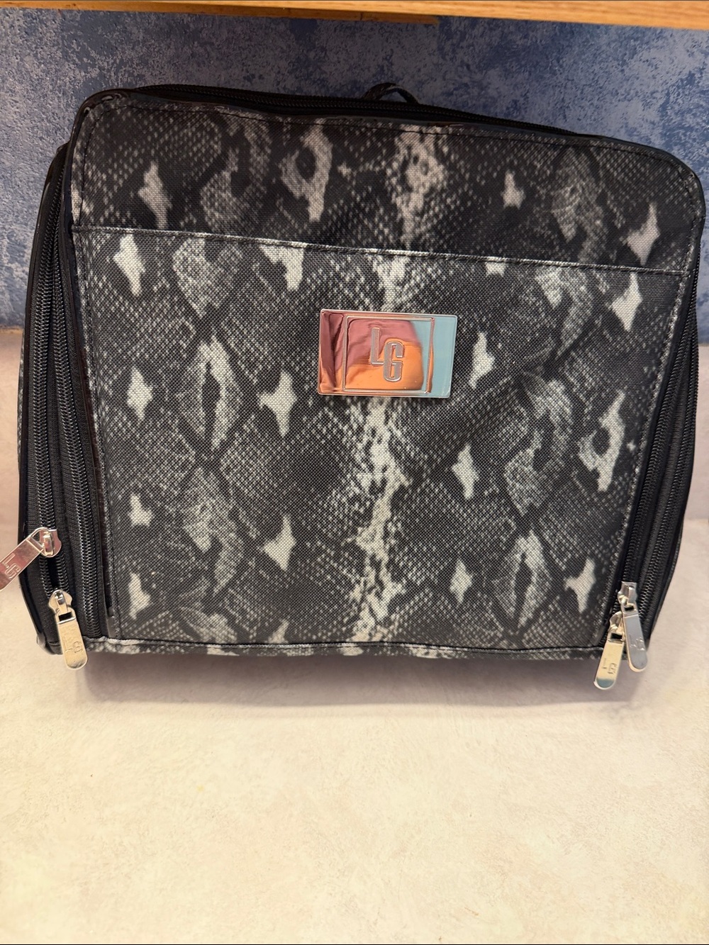 LOGO by Lori Goldstein Black and Gray Snake-Print Cosmetic Case